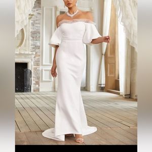 Giffniseti Off Shoulder Contrast Mesh Mermaid Hem Wedding Dress nwt